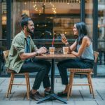 SocialConnectionCoffee: A captured moment of a man and woman bonding over coffee, showcasing the importance of timely engagement in online interactions.