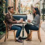 CoupleCoffeeDate: A man and woman seated at a charming table, savoring coffee together in a cozy ambiance.