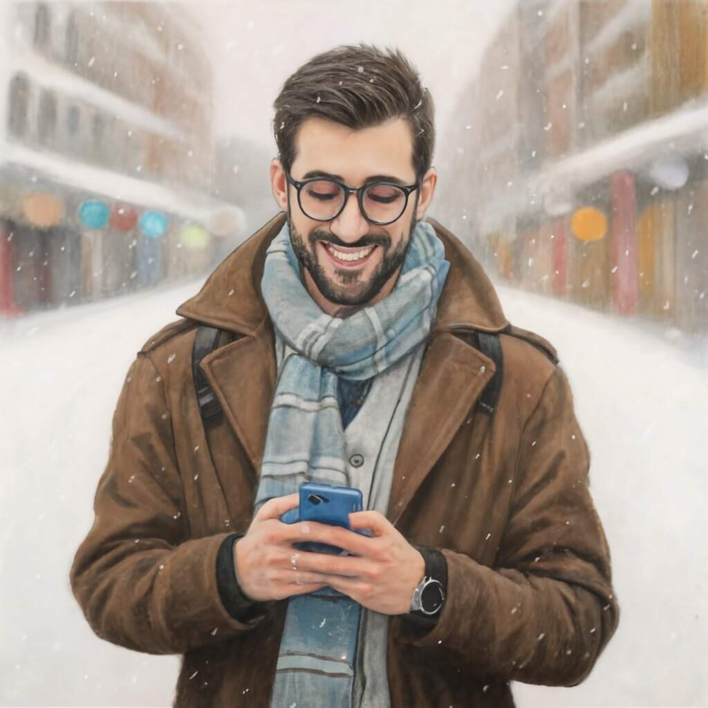 A man looking at his phone in a coat and scarf is engaged in a conversation with someone, displaying the quality of his online interactions.
