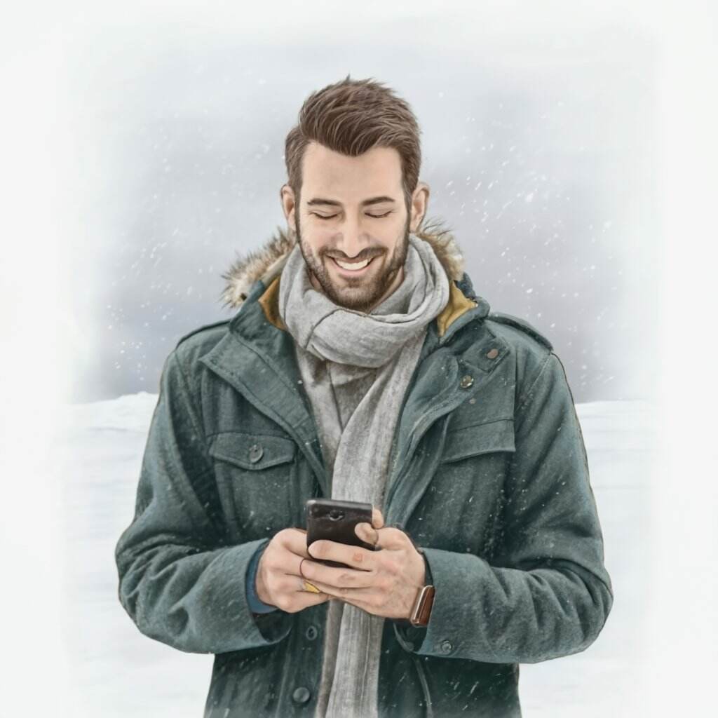 While sitting at a table in the snow, a man in a coat and scarf is smiling while holding a cell phone.
