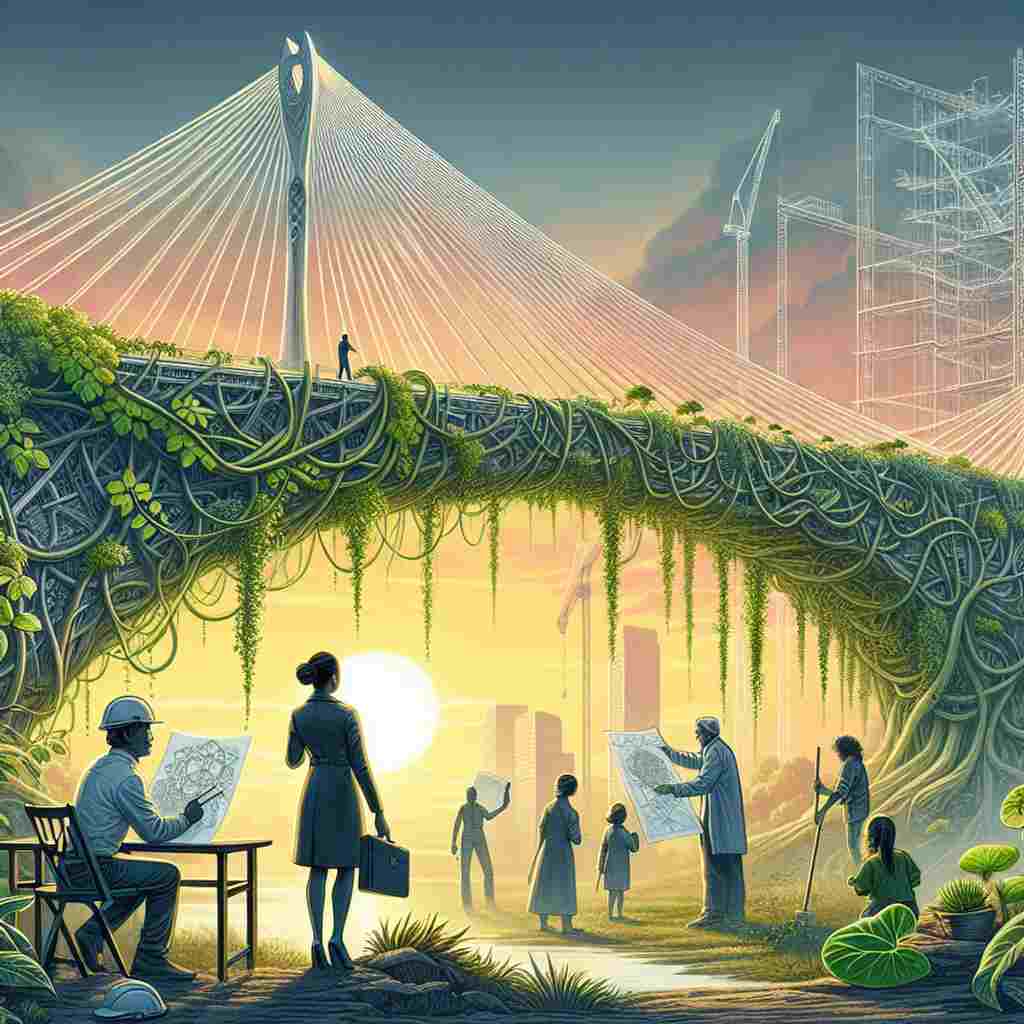A suspended bridge with lush green vines intertwining around its edges, a sunrise in the background, a South Asian female engineer looking at a blueprint of the bridge, a Caucasian male botanist examining the vines, and a Black child observing the scene nearby.