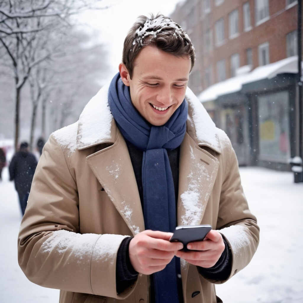 Engaged in meaningful conversations, a man in a coat looks at his phone, valuing the thoughts shared during their Messenger interactions.
